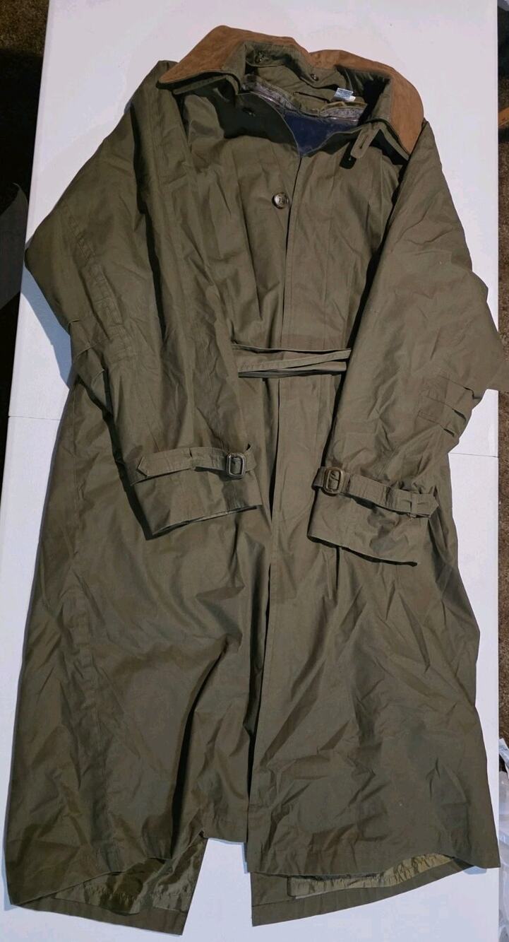 Context Men’s 44 Olive Green Trench Coat Suede Collar Plaid Liner VTG
